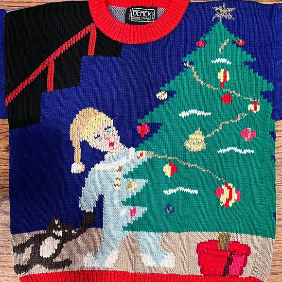Vtg BEREK Cotton Hand Knit Ugly Christmas Sweater Tree Santa Metallic Small S - Picture 4 of 15